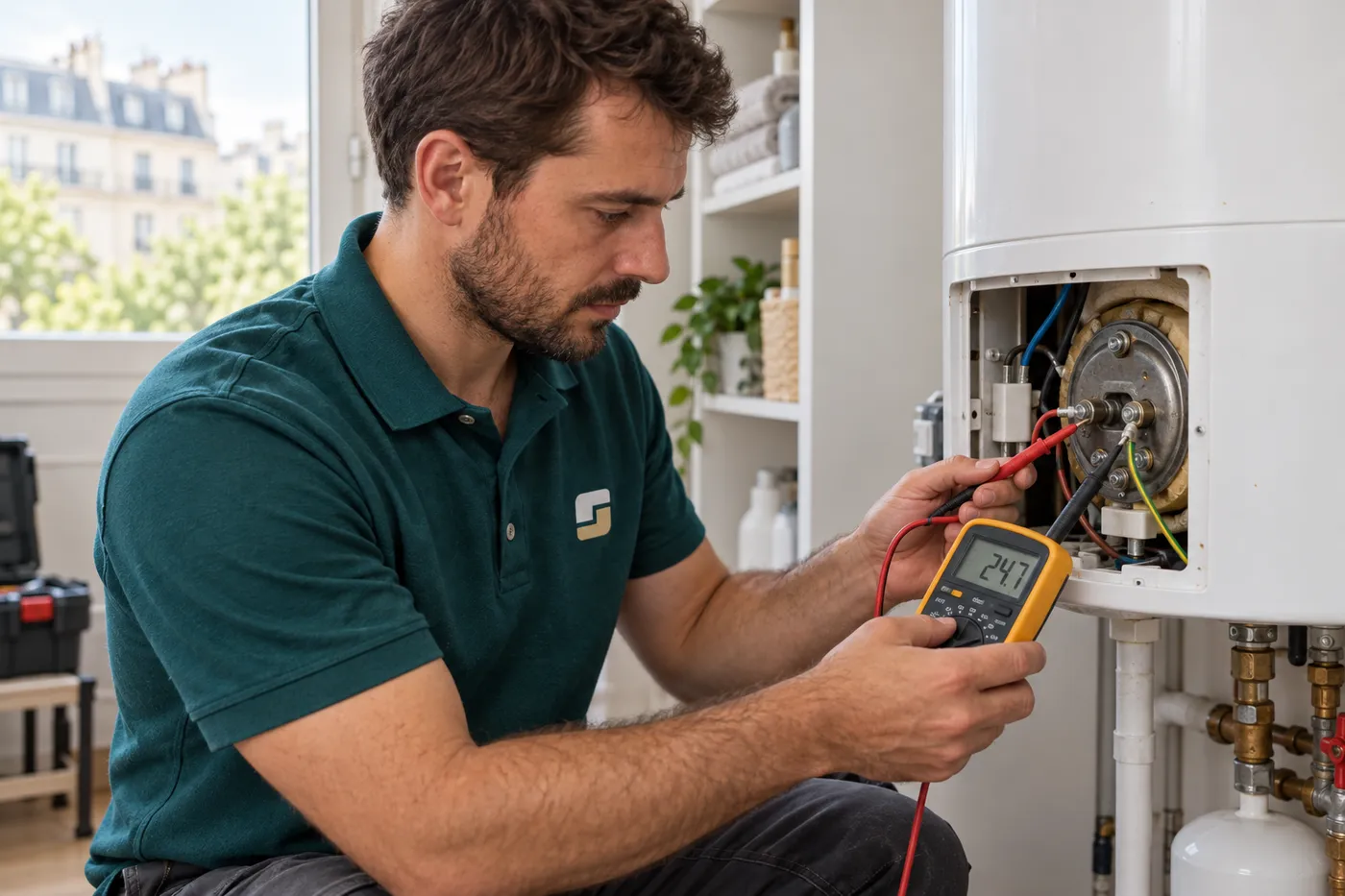 Plombier testant au multimètre le thermostat et la résistance d'un chauffe-eau électrique ouvert